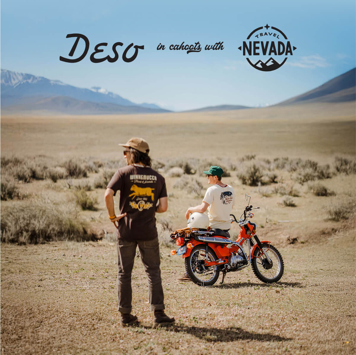 two men in nevada wearing deso x travel nevada t-shirts