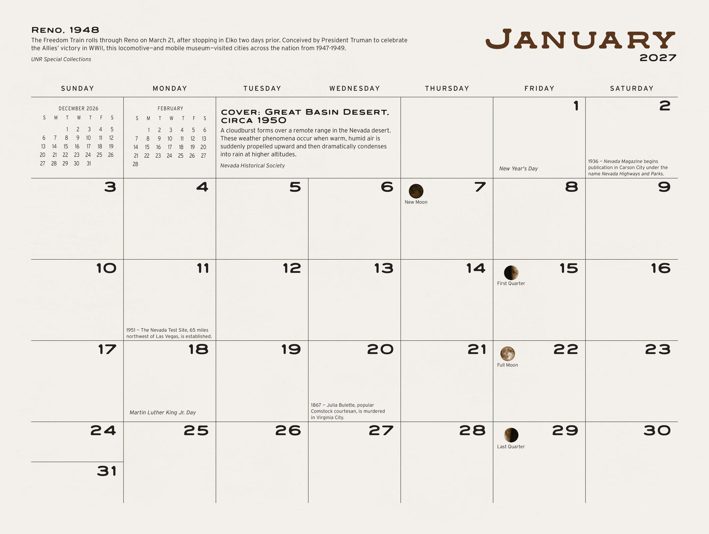 2027 Nevada Historical Calendar - Personalized